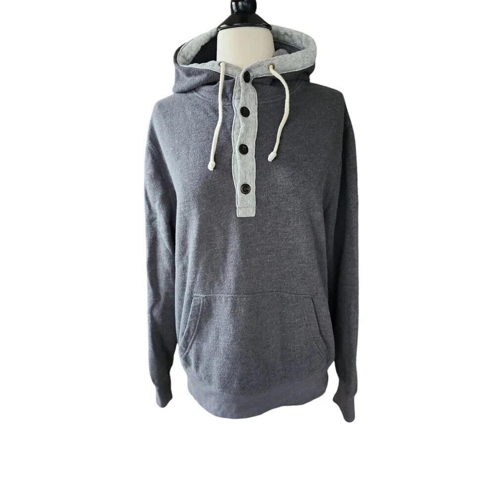 J. Crew Hoodie Mens Medium Authentic Fleece Gray Casual 4 Button Cotton Blend